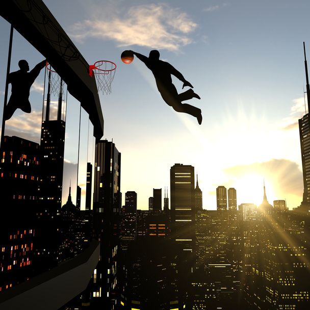 Um homem de negócios executando um slam dunk no topo de um arranha-céu
 - Foto, Imagem