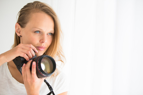 Female photographer with digital camera - Fotoğraf, Görsel