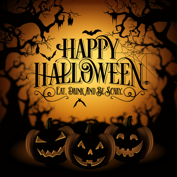 Vintage Happy Halloween Typographical Background With Pumpkins - Photo, Image