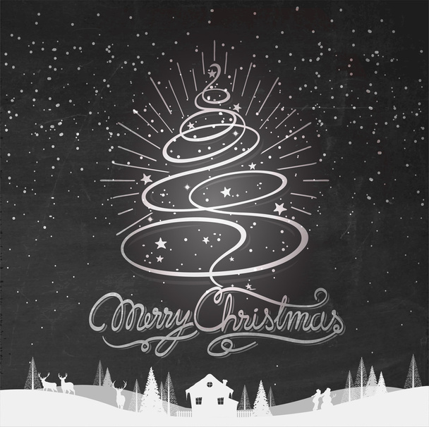 Merry Christmas Typographical Background With Hand Drawn Christmas Tree On Chalkboard - Photo, Image