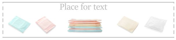 Sada menstruačních podložek na bílém pozadí s prostorem pro text - Fotografie, Obrázek
