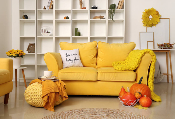 Comfortable sofa, fresh pumpkins and pouf in modern room - Photo, Image