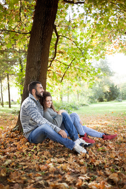 smiling couple in love in autumn in park - Fotografie, Obrázek
