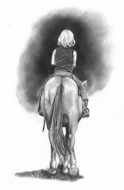potlood tekenen van meisje paardrijden paard - Foto, afbeelding