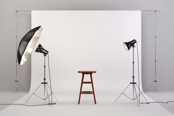 3d studio setup with lights, a wooden chair and white background - Фото, зображення