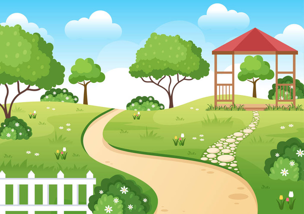 Bellissimo giardino cartone animato sfondo illustrazione con un paesaggio natura di piante, fiori, alberi e erba verde in stile design piatto - Vettoriali, immagini