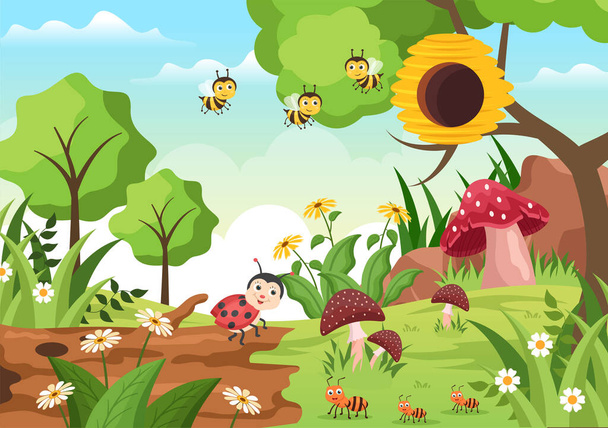 Schöne Garten-Cartoon-Hintergrund-Illustration mit Landschaft Natur von Pflanzen, verschiedenen Tieren, Blumen, Baum und grünem Gras in flachem Design-Stil - Vektor, Bild
