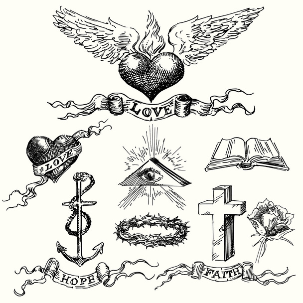 Ícones de amor e esperança - conjunto desenhado à mão
 - Vetor, Imagem