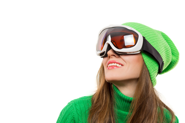 Woman with ski goggles isolated on white - Foto, imagen