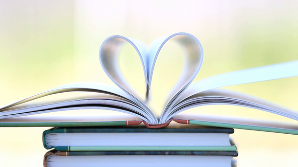 Book stack open page heart shape in wind. - Footage, Video