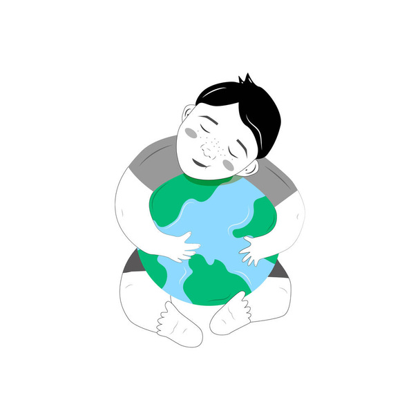 El niño abraza la Tierra. Paz en la tierra. Hombre y tierra. Día de la Tierra. Ilustración vectorial - Vector, imagen