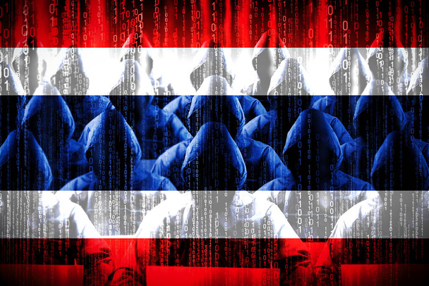 Anonymous hooded hackers, flag of Thailand, binary code - cyber attack concept - Photo, Image