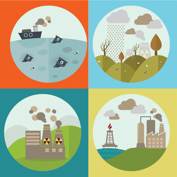 Ecologia Concept Vector Icons Set per l'Ambiente, Energia Verde e Natura Disegni Inquinamento. Centrale nucleare e deforestazione. Stile piatto
. - Vettoriali, immagini