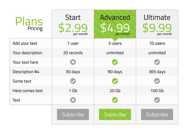 Light pricing table with recommended plan - Vector, Image