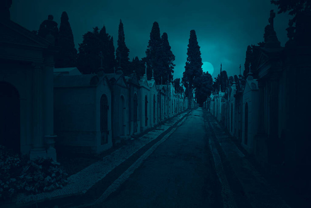 旧墓地街の不気味な満月の夜に - 写真・画像