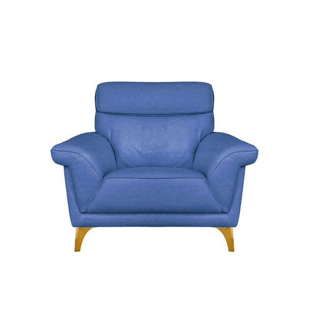 Sillón de cuero clásico azul sobre patas de latón aisladas sobre fondo blanco con camino de recorte. Serie de muebles, vista frontal - Foto, imagen