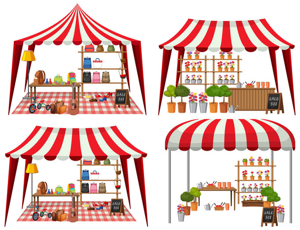 Conceito de mercado de pulgas com conjunto de diferentes lojas ilustração - Vetor, Imagem