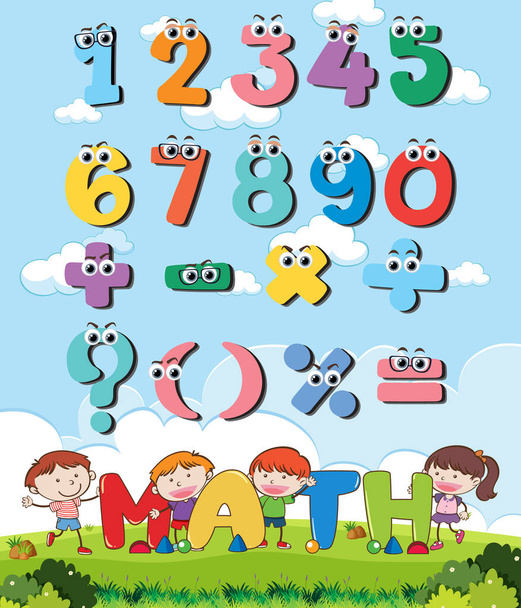 Licząc liczbę od 0 do 9 i symbole matematyczne dla dzieci ilustracji - Wektor, obraz