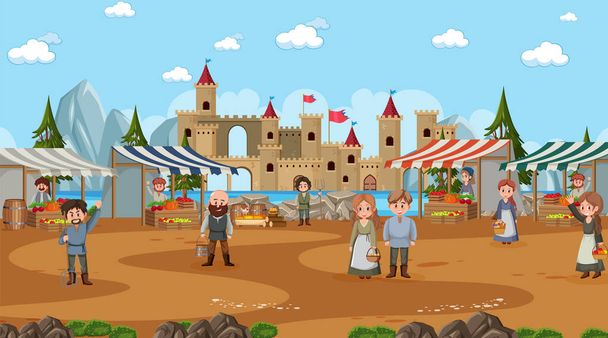 Escena medieval de ciudad en ilustración de estilo de dibujos animados - Vector, imagen