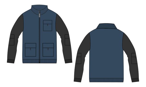 Длинный рукав куртка с карманом и молния техническая мода плоский эскиз векторный шаблон иллюстрации фронт, вид сзади - Вектор,изображение
