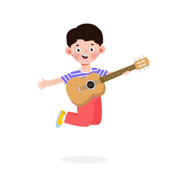 Gitar çalan sevimli çocuk, gitar çalan mutlu çocuk. Müzikal performans. Beyaz arka planda izole edilmiş vektör illüstrasyonu. Çizgi film düz stiliyle - Vektör, Görsel