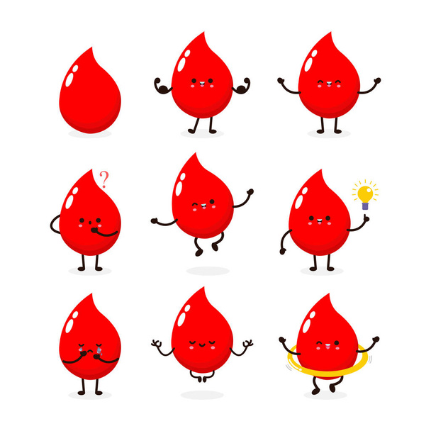 Conjunto de colección divertida caricatura linda gota de sangre feliz, Día Mundial del Donante de Sangre, concepto saludable, icono personaje cómico Vector diseño plano ilustración aislada sobre fondo blanco - Vector, Imagen