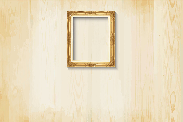 Old style, Golden picture frame on wood background - Vector, Image