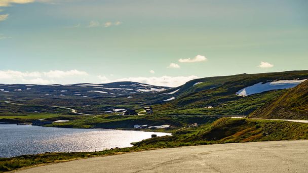 Hardangervidda mountain plateau landscape. National tourist route. Norway in summer. - Photo, Image