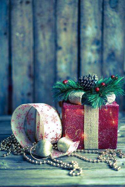 Christmas decorations on wooden background - Photo, Image