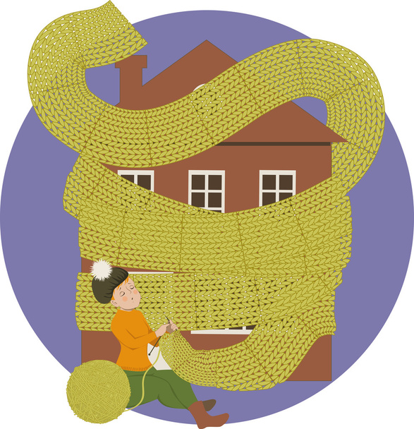 Nainen neulominen huivi talon pitää sen lämpimänä
 - Vektori, kuva