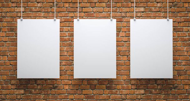 3D ilustrace. Mockup tří prázdných bílých plakátů visících na cihlové zdi. - Fotografie, Obrázek