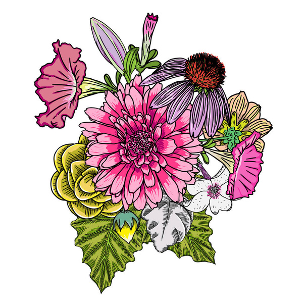 Винтажный садовый рисунок весенний букет с различными цветами и листьями цветущими, изолированные ботанические векторные иллюстрации
. - Вектор,изображение