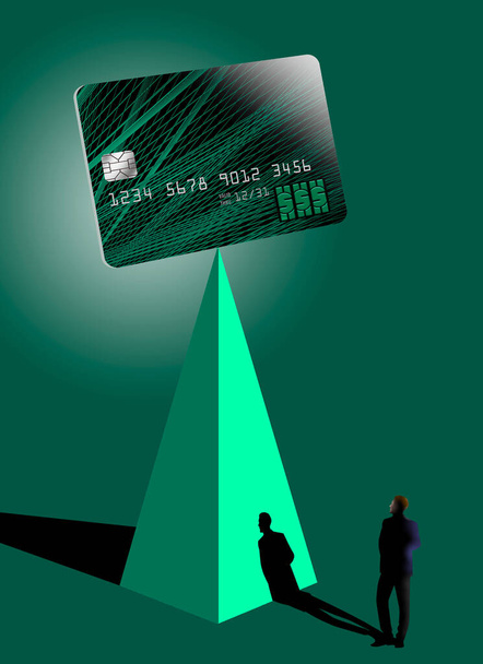 Una tarjeta de crédito o débito simulada genérica se ve balanceada en el pináculo de una pirámide mientras un hombre de negocios mira en esta ilustración 3-d. - Foto, imagen