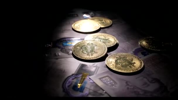 Bitcoin over british pound notes under smoke. Cryptocurrency Coins or money. Bitcoin BTC coins crypto currency money of the future Concept of economic crisis. - Footage, Video