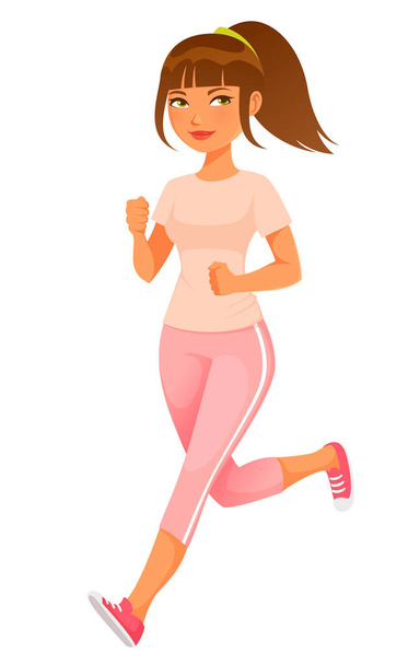 Χαριτωμένη απεικόνιση κινουμένων σχεδίων μιας νεαρής γυναίκας στο αθλητικό ντύσιμο, τζόκινγκ. Υγιεινός τρόπος ζωής. - Διάνυσμα, εικόνα