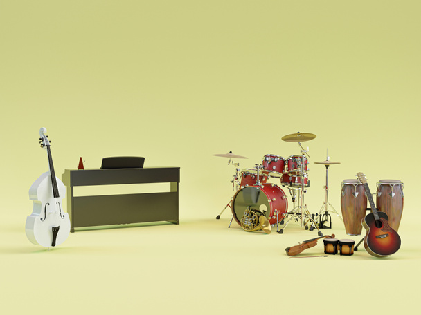 Sarı zemin üzerinde izole müzik araçları 3d illüstrasyon - Fotoğraf, Görsel