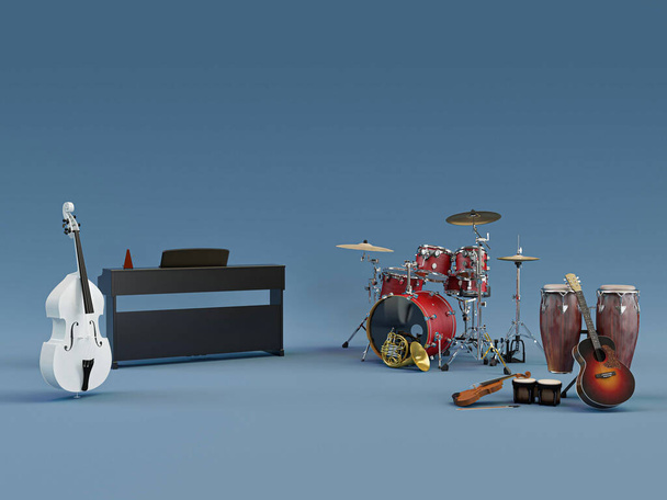 instrumentos musicais isolados em fundo azul ilustração 3d  - Foto, Imagem