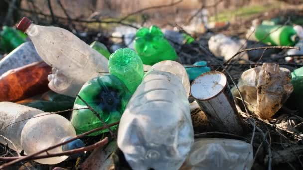 Folyó partján egy csomó szétszórt műanyag palack - Felvétel, videó