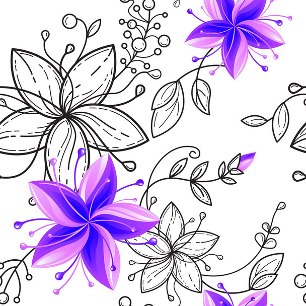 Floral seamless pattern with black, white and purple 5 petal flowers. Vector art for fashion, textile, fabric, floral wrapping paper, coloring book design.  - Wektor, obraz