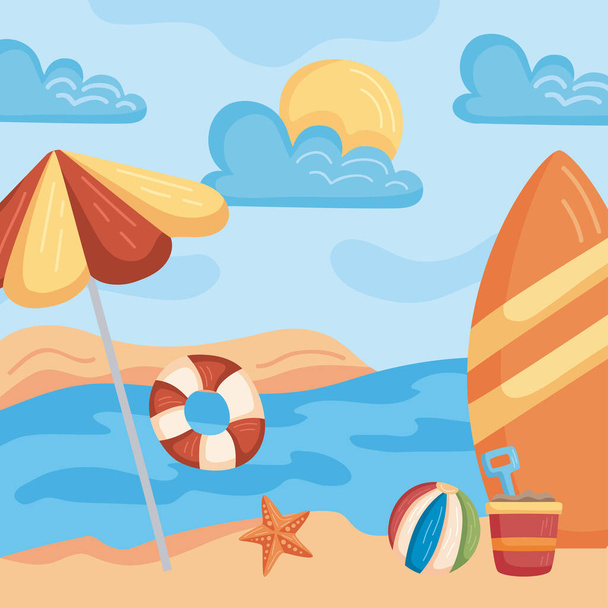 guarda-chuva e praia de surf - Vetor, Imagem