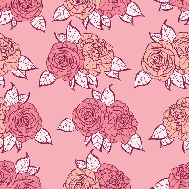 Moderne tropische roos bloemen naadloos patroon ontwerp. Naadloos patroon met lentebloemen en -bladeren. Handgetekende achtergrond. bloemenpatroon voor behang of stof. Botanische tegel. - Vector, afbeelding