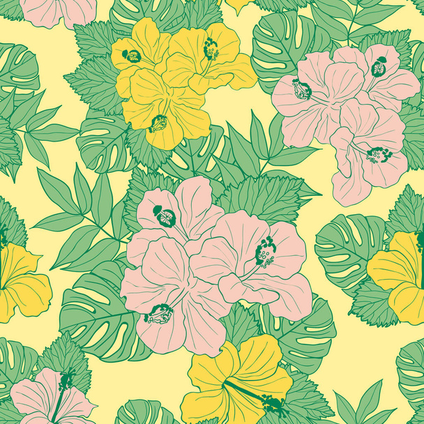 Hibiscus flowers and leaves seamless pattern background. Tropical nature wrapping paper or textile design. Beautiful print with hand-drawn exotic flower. - Vektor, obrázek