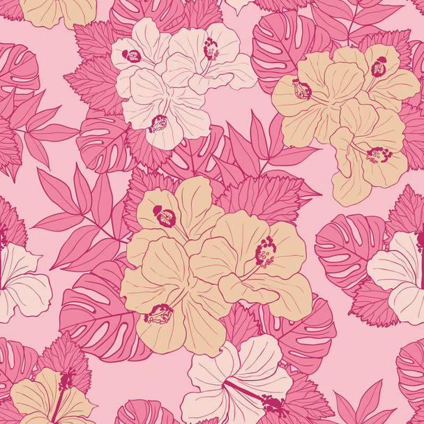 Hibiscus bloemen en bladeren naadloze patroon achtergrond. Tropisch natuur inpakpapier of textiel ontwerp. Mooie print met handgetekende exotische bloem. - Vector, afbeelding