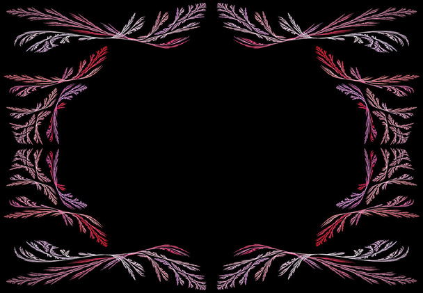 Φυλλώδη, ροζ, κόκκινο και λεβάντα fractal πλαίσιο ή σύνορα με μαύρο αντίγραφο χώρου. - Φωτογραφία, εικόνα