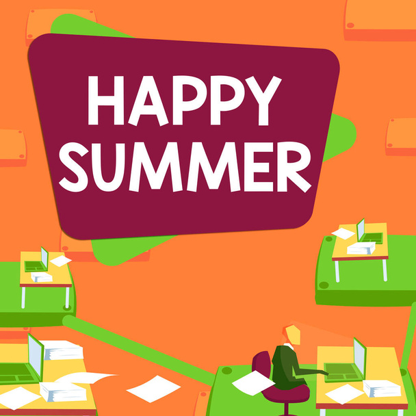 Inspiracja ukazująca znak Happy Summer. Conceptual photo Plaże Sunshine Relaks Ciepły Słoneczny Sezon Przesilenie Mężczyzna pracownik biurowy wykorzystujący technologię dostępne materiały biurowe. - Zdjęcie, obraz