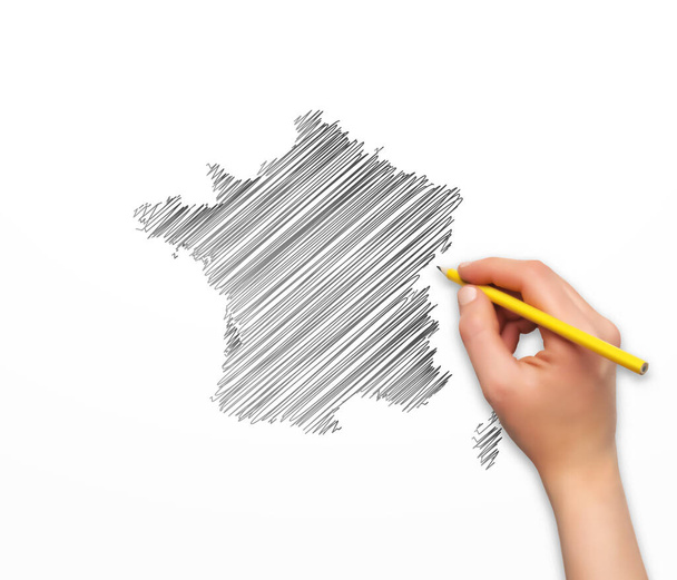 рука с карандашом рисунок карты Франции в векторном формате - Вектор,изображение