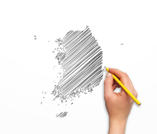 χέρι με μολύβι που σχεδιάζει το χάρτη της Νότιας Κορέας σε διανυσματική μορφή - Διάνυσμα, εικόνα