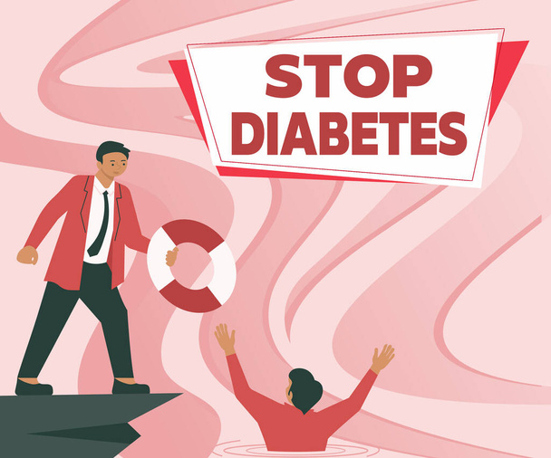 Teksti osoittaa inspiraatiota Stop Diabetes. Liiketoimintakonsepti Veren sokeritaso on normaalia korkeampi Injektoitava insuliini herrasmies puvussa Auttaa kollegaansa edustamaan menestyksekästä tiimityötä. - Valokuva, kuva