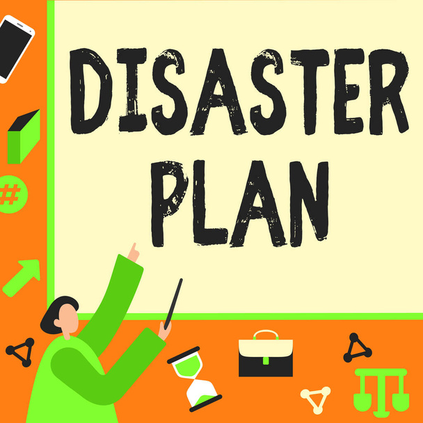 Handwriting text Disaster Plan. Business idea Respond to Emergency Preparedness Survival and First Aid Kit Businessman Pointing Fingerpresentation Board Representing Planning Projects. - Photo, Image