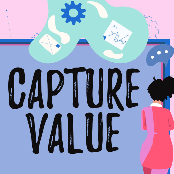 Szöveg megjelenítése Capture Value. Internet Concept Ügyfélkapcsolat Kielégítő igények Márka Erő Megtartás Üzletasszony bemutatja üzleti javaslat és frissítések a fedélzeten. - Fotó, kép